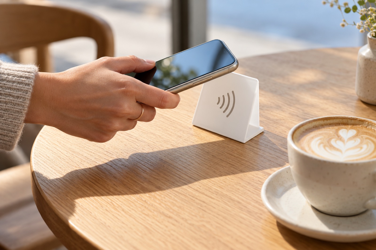 A customer holds their phone over a white NFC stand on a café table, next to a cup of coffee.